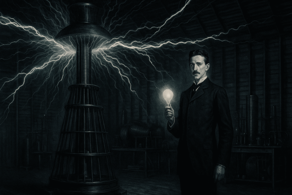 Nikola Tesla durante una dimostrazione con la sua bobina: archi elettrici illuminano il laboratorio