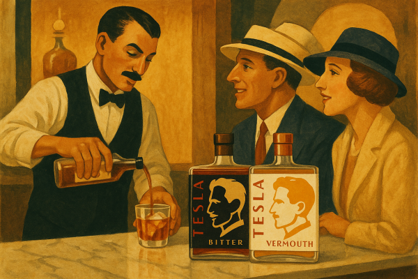 Cocktail Americano con Tesla Bitter e Tesla Vermouth in bar vintage anni ’20, barman italiano e coppia di turisti americani.