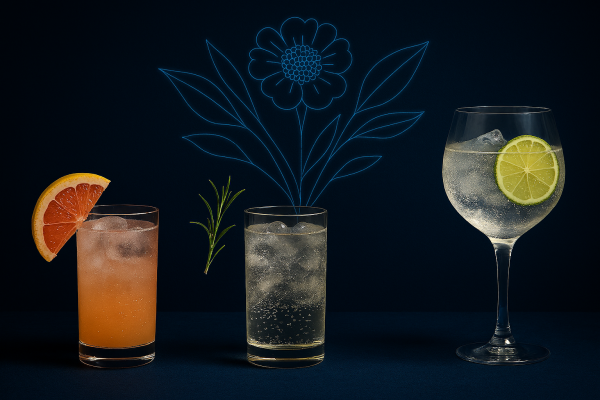 Tre cocktail — grapefruit highball, tonica con rosmarino, gin tonic con lime — su sfondo blu con illustrazione neon
