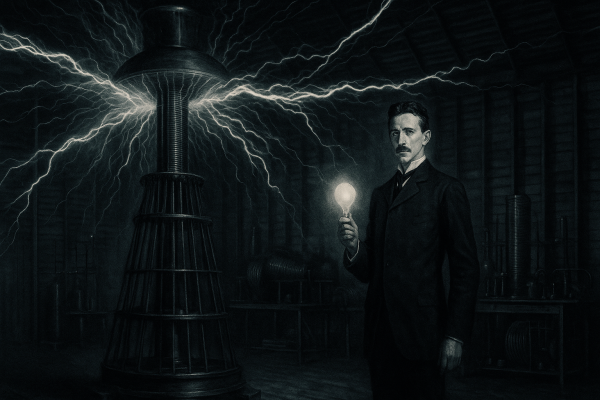 Nikola Tesla durante una dimostrazione con la sua bobina: archi elettrici illuminano il laboratorio